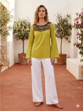 NWT SEPIA Boho Embroidered Tunic Blouse – Chartreuse/Lime – XS